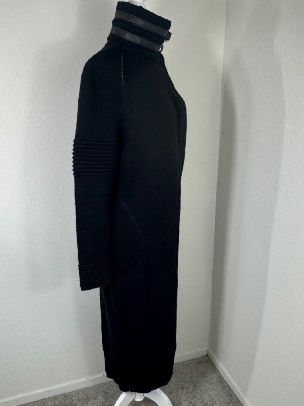 Skingraft Jonny Coto Sweater Black Wool Sz M Longline Cardigan Leather Buckle - Picture 2 of 13